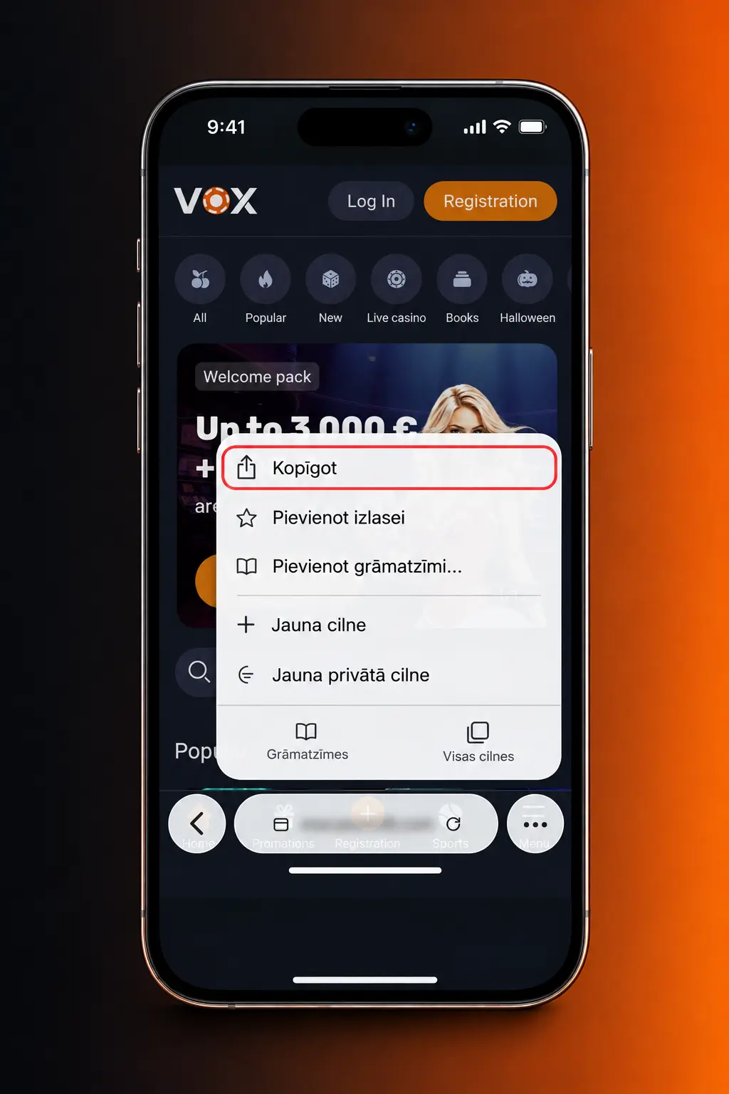 VOX Casino iOS lietotnes lejupielāde iPhone un iPad ierīcēs, izmantojot Safari pārlūku