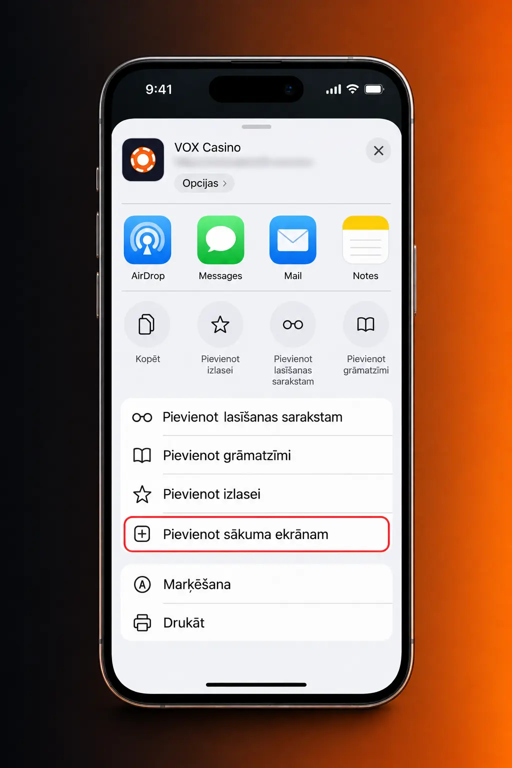 VOX Casino iOS lietotnes lejupielāde iPhone un iPad ierīcēs, izmantojot Safari pārlūku