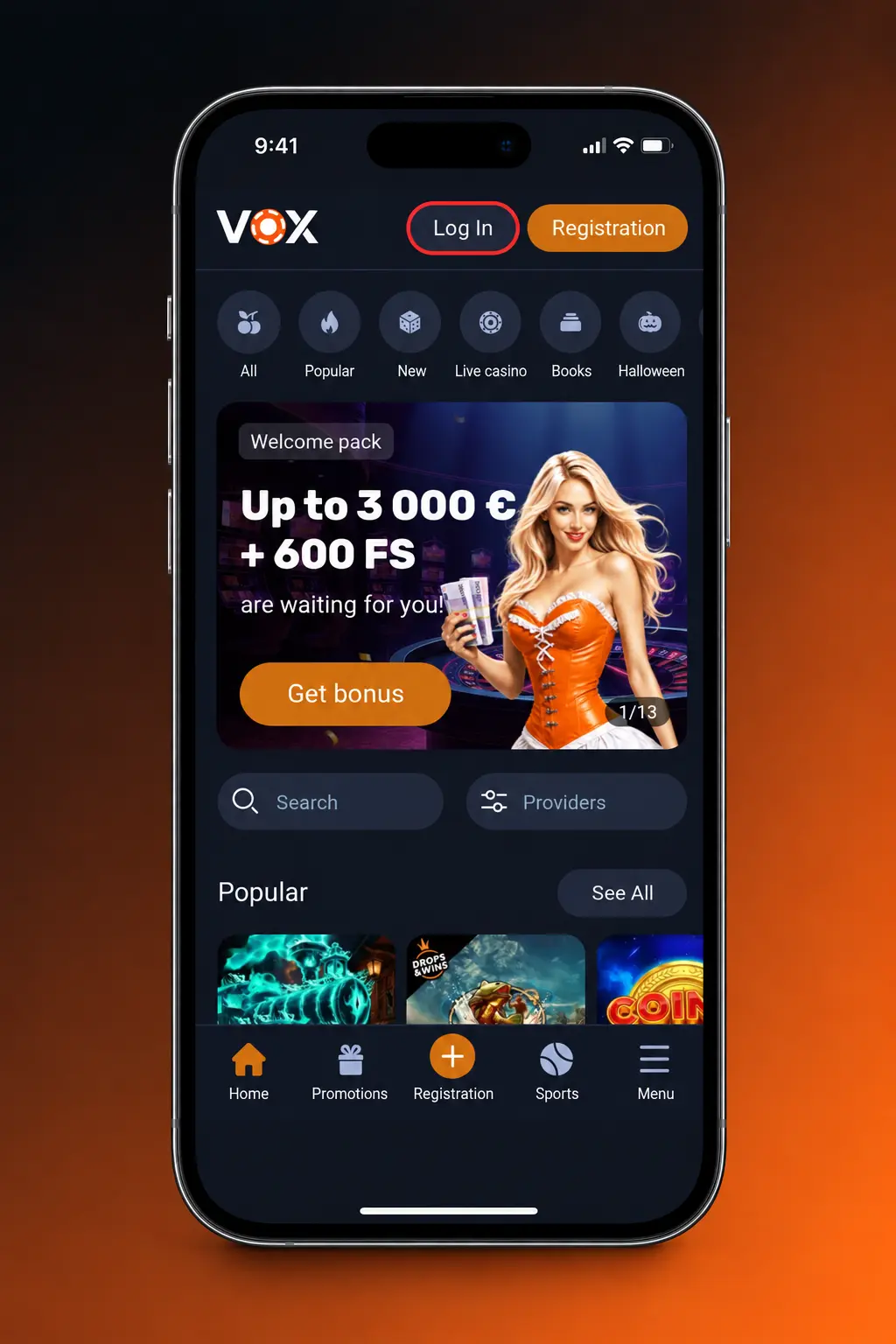 VOX Casino lietotnes pieteikšanās ekrāns mobilajā ierīcē