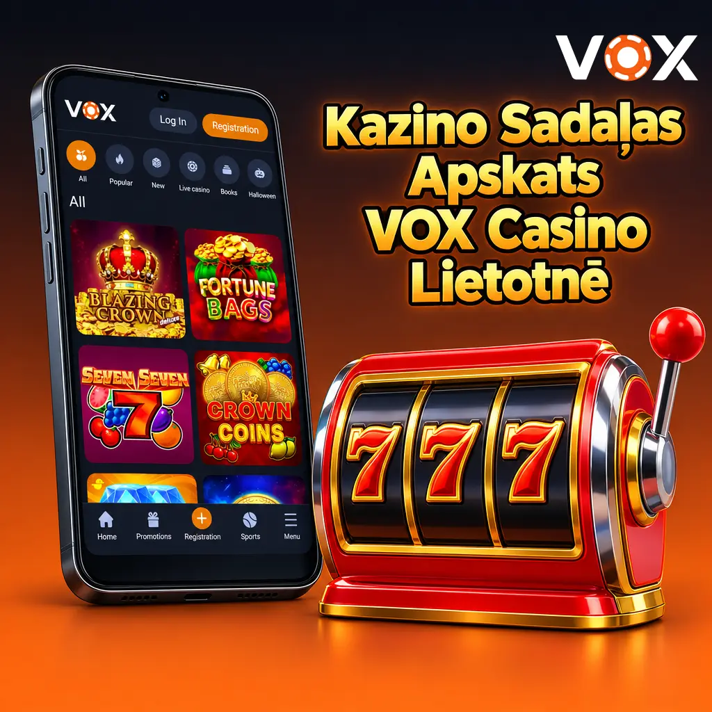 VOX Casino lietotnes kazino sadaļa ar spēļu automātiem, tiešraides spēlēm un galda spēlēm mobilajā ierīcē