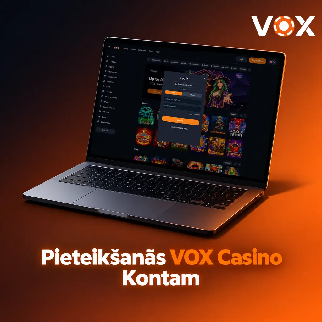 VOX Casino pieteikšanās konta logs ar e-pasta un paroles laukiem darbvirsmas un mobilajā versijā