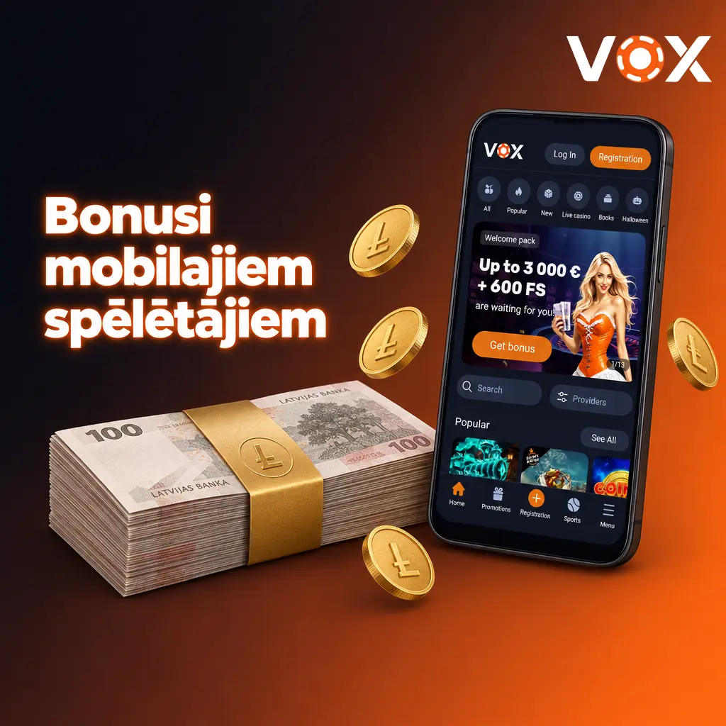 VOX Casino mobilās lietotnes bonusi — līdz 3000 EUR, 600 bezmaksas griezieni un sporta bonuss līdz 200 EUR