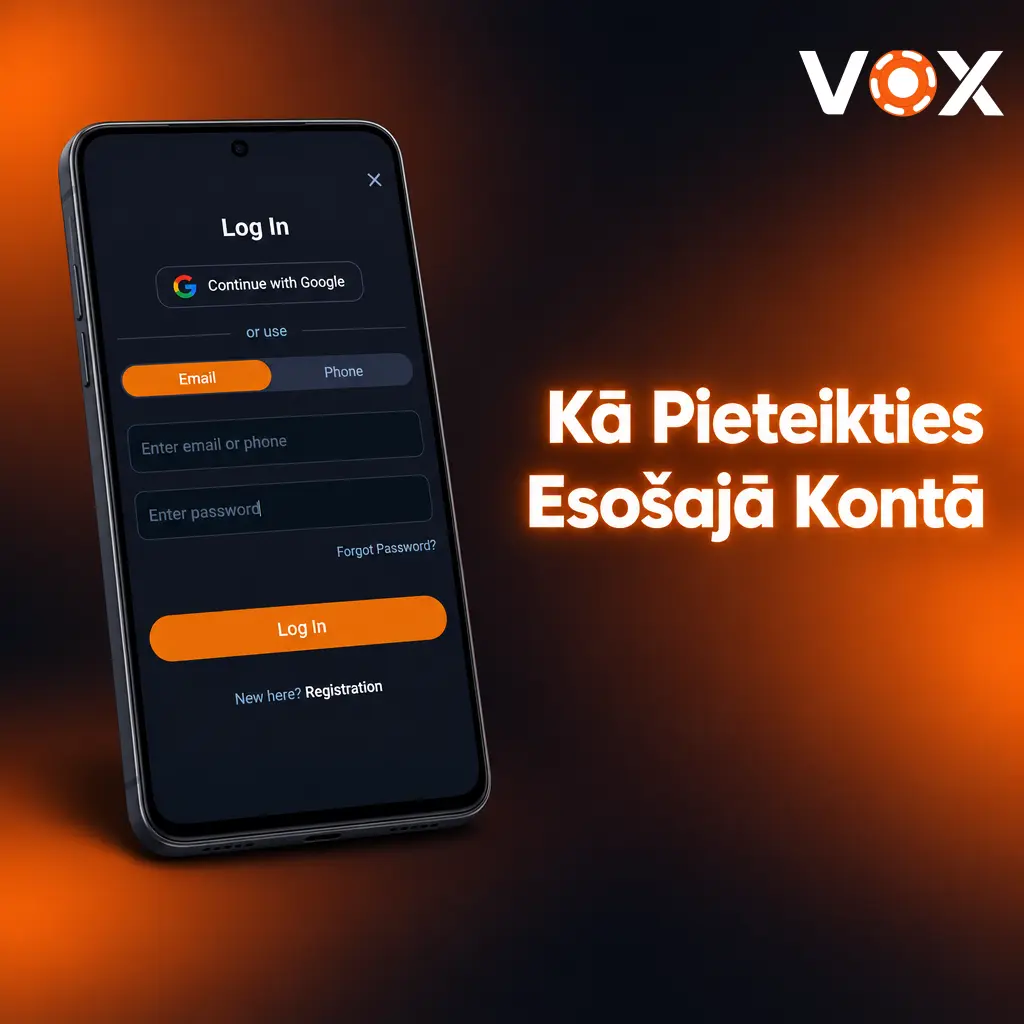 VOX Casino lietotnes pieteikšanās process ar e-pastu un paroli esošajiem spēlētājiem