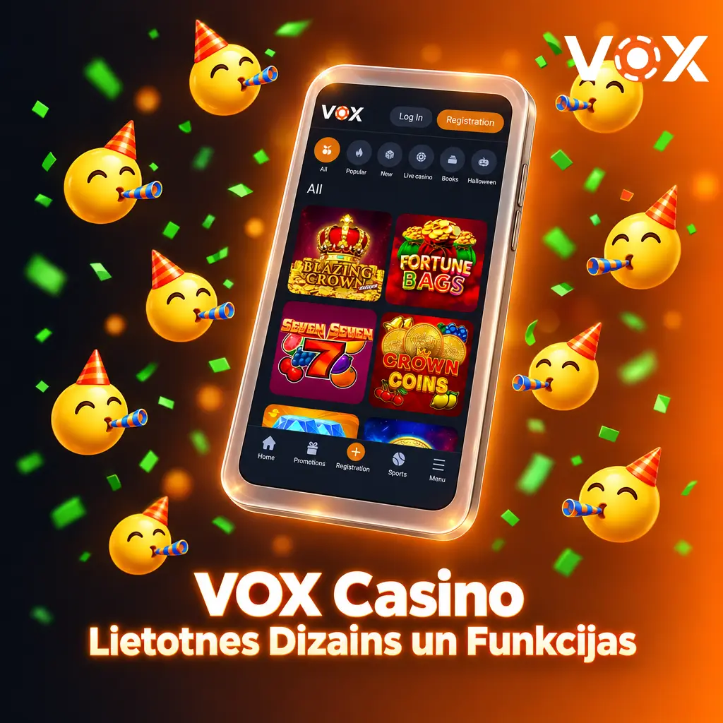 VOX Casino lietotne ar tumši zilu un oranžu dizainu, sporta likmēm, kazino spēlēm un 24/7 atbalstu
