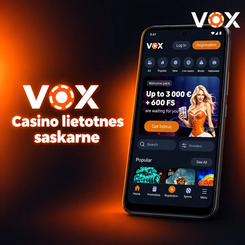 VOX Casino lietotne ar tumšu fonu un oranžiem akcentiem, sporta sadaļa un kazino spēles apakšējā izvēlnē