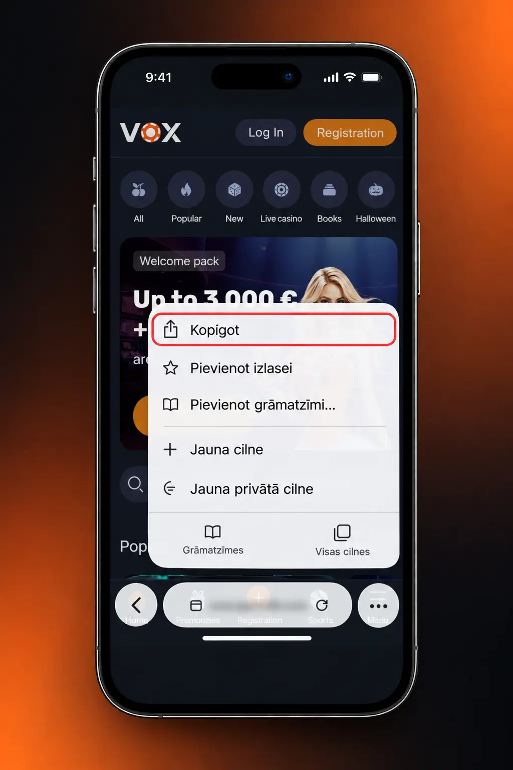 VOX Casino PWA instalēšana iPhone ierīcē caur Safari pārlūku bez App Store lejupielādes