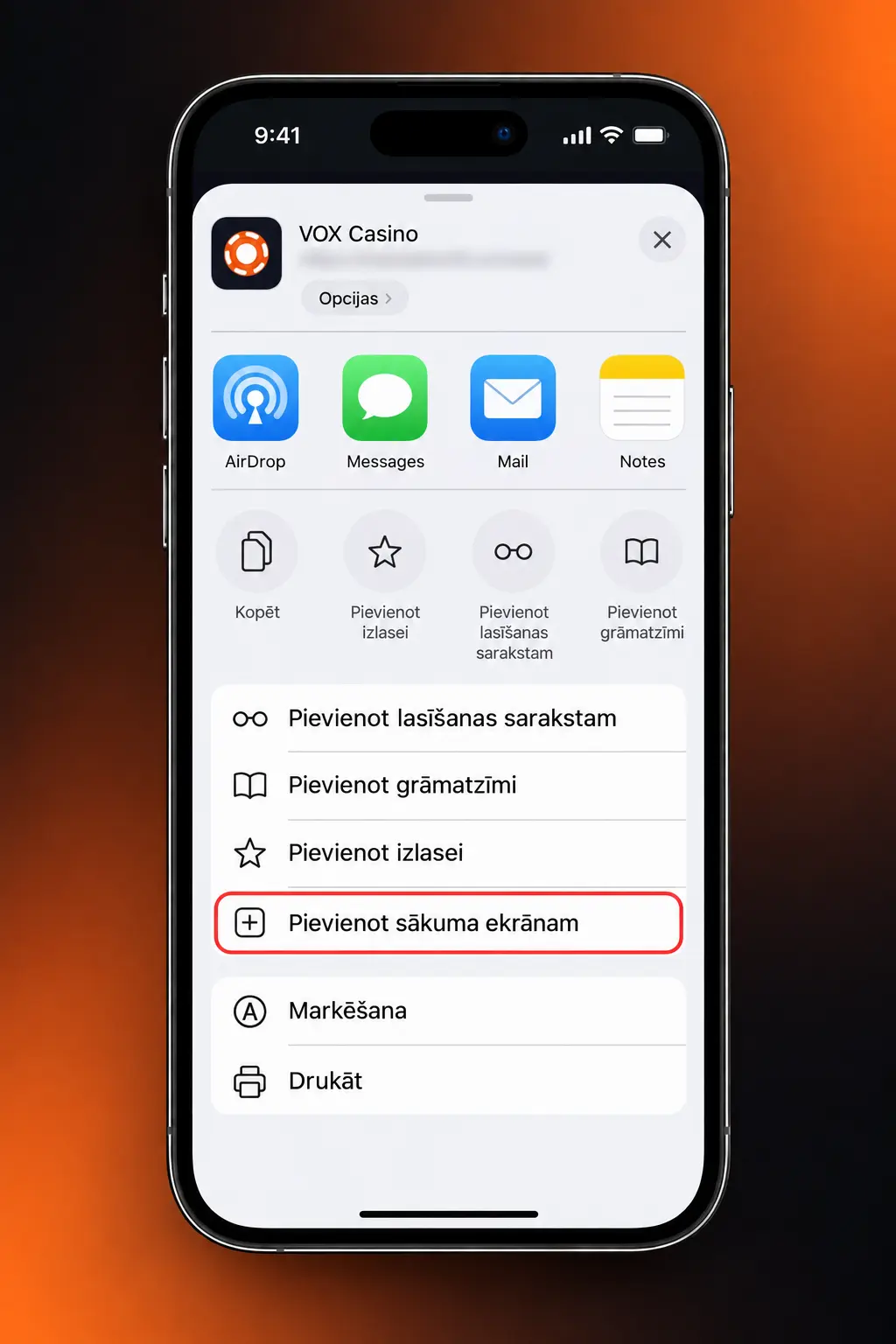 VOX Casino PWA instalācija iPhone ierīcē caur Safari pārlūku bez App Store lejupielādes