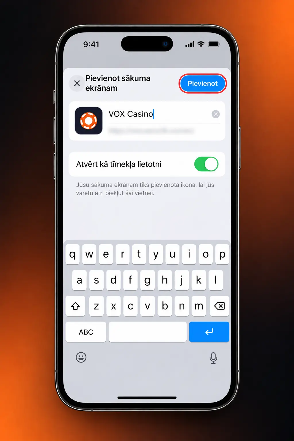 VOX Casino PWA instalēšana iPhone ierīcē caur Safari pārlūku bez App Store lejupielādes